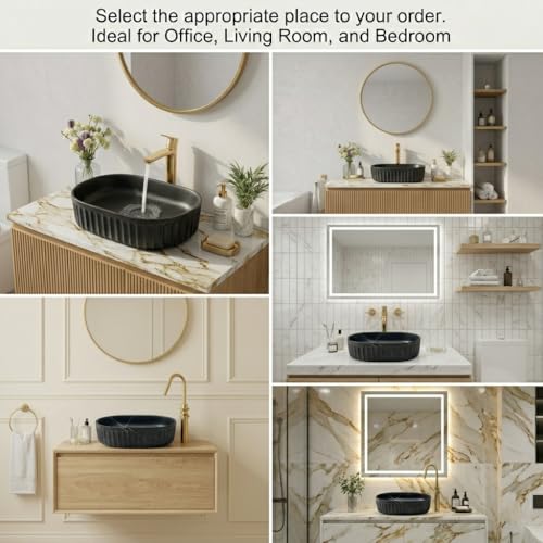 Image of BASSINO 22x14x6 Inches Ceramic Table Top Wash Basin /Designer Bathroom Sink /Countertop Vessel Basin /Oblong-Oval Above Counter Basin /Luxury Wash Basin for Bathroom /Dining Hall(Matt Black Marble Finish)