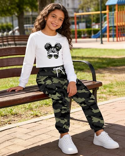 Image of Betusline Girls Fall Winter Clothing Sets, Long Sleeve Crop Top & Cargo Jogger Pants 2 Piece Outfit Sets,4T-14Y