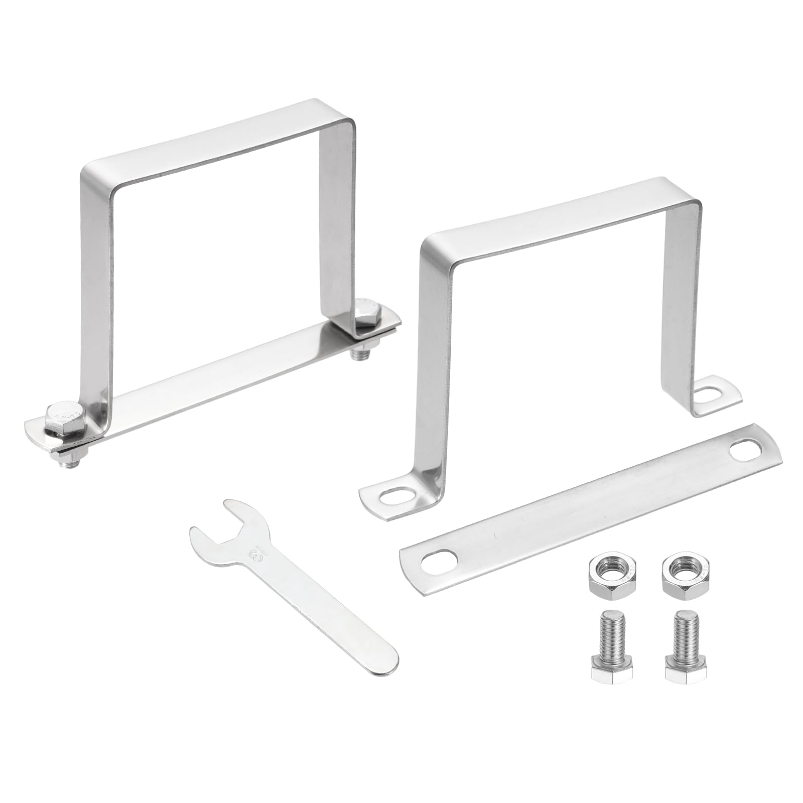sourcing map 2Pcs U Shape Square Tube Clamp, 90x90mm U Shaped Bracket 304 Stainless Steel Square Strap Clamp with Bolt Plate Nuts and Wrench for Pipes Door Closed Bar Holder Railings