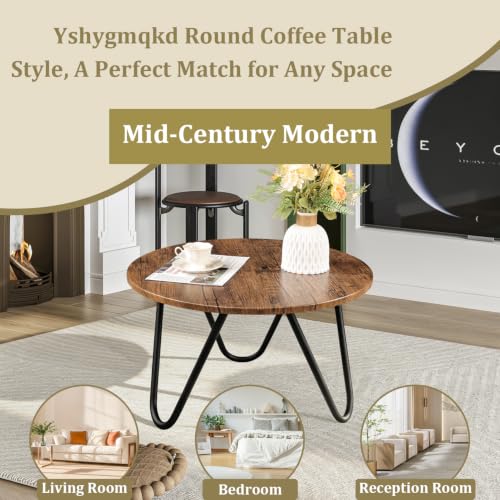 Image of Round Coffee Table 23.6 inch Wooden Circle Living Room Coffee Tables with Steel Frame Simple Modern Accent Center Table for Small Space Home Office Outdoor Light Brown