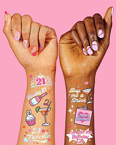 xo, Fetti 21st Birthday Party Decorations Temporary Tattoos - 48 pcs | Fun Bday Girl Party, Finally 21, RIP Fake ID, HBD, Disco Cowgirl Party, Twenty One Tiara