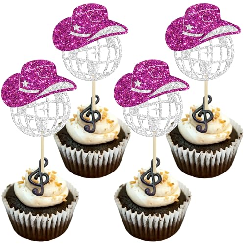 Gyufise 24Pcs Cowgirl Hat Cupcake Toppers - Glitter Cowboy Hat and Disco Ball Picks for 1970s Music Theme Wedding, Bridal Shower, Birthday Party Cake Decorations Supplies - Rose Red