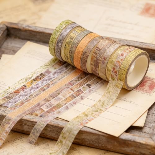 Image of HASTHIP 20pcs Vintage Botanical Washi Tape Set, Retro Floral Scrapbook Masking Tape for Journaling, Planners, DIY Crafts, Decorative Ephemera Paper Tape Rolls, 7mmx20m Per Roll