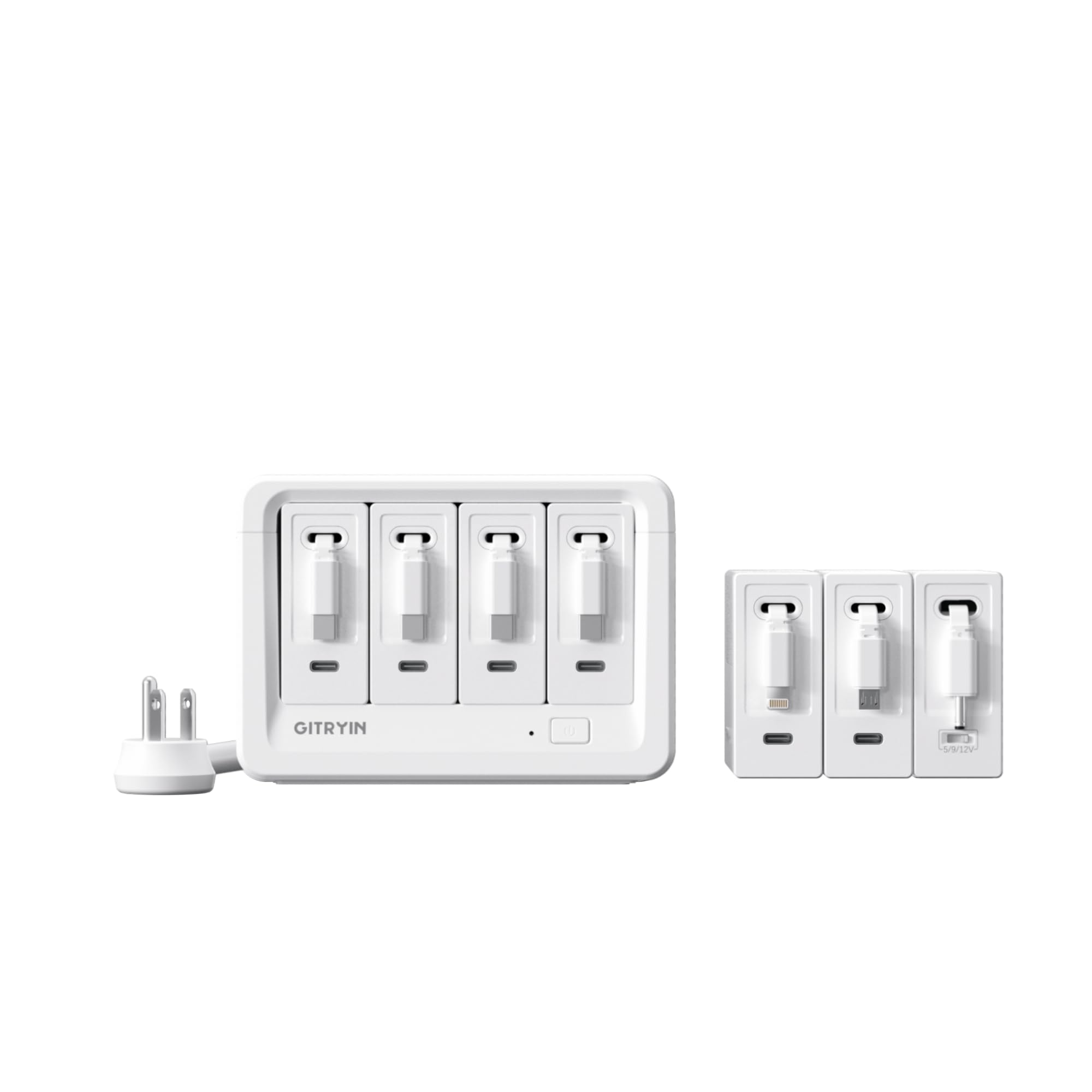 Gitryin 1 Micro USB 1 DC 1 Lightning 4 Type-C Retractable Wall Chargers and 8-in-1 Desktop Charging Station