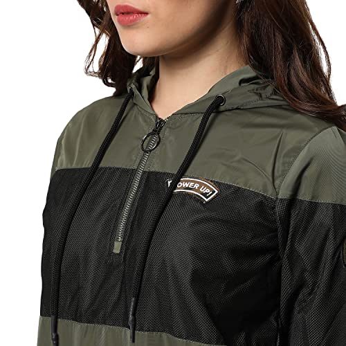 Image of Campus Sutra Women Olive Green & Black Puffer Regular Fit Bomber Jacket For Winter Wear | Standing Collar | Full Sleeve | Zipper | Casual Jacket For Woman & Girl | Western Stylish Jacket For Women