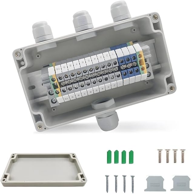 WACH AUF DIN Rail Terminal Blocks Kit, Din Rail Connectors with IP66 1 in 3 Out Waterproof Junction Box, UK 2.5 Universal Class Terminal Blocks, Ground Blocks End, Terminal Block Through Terminal Kit