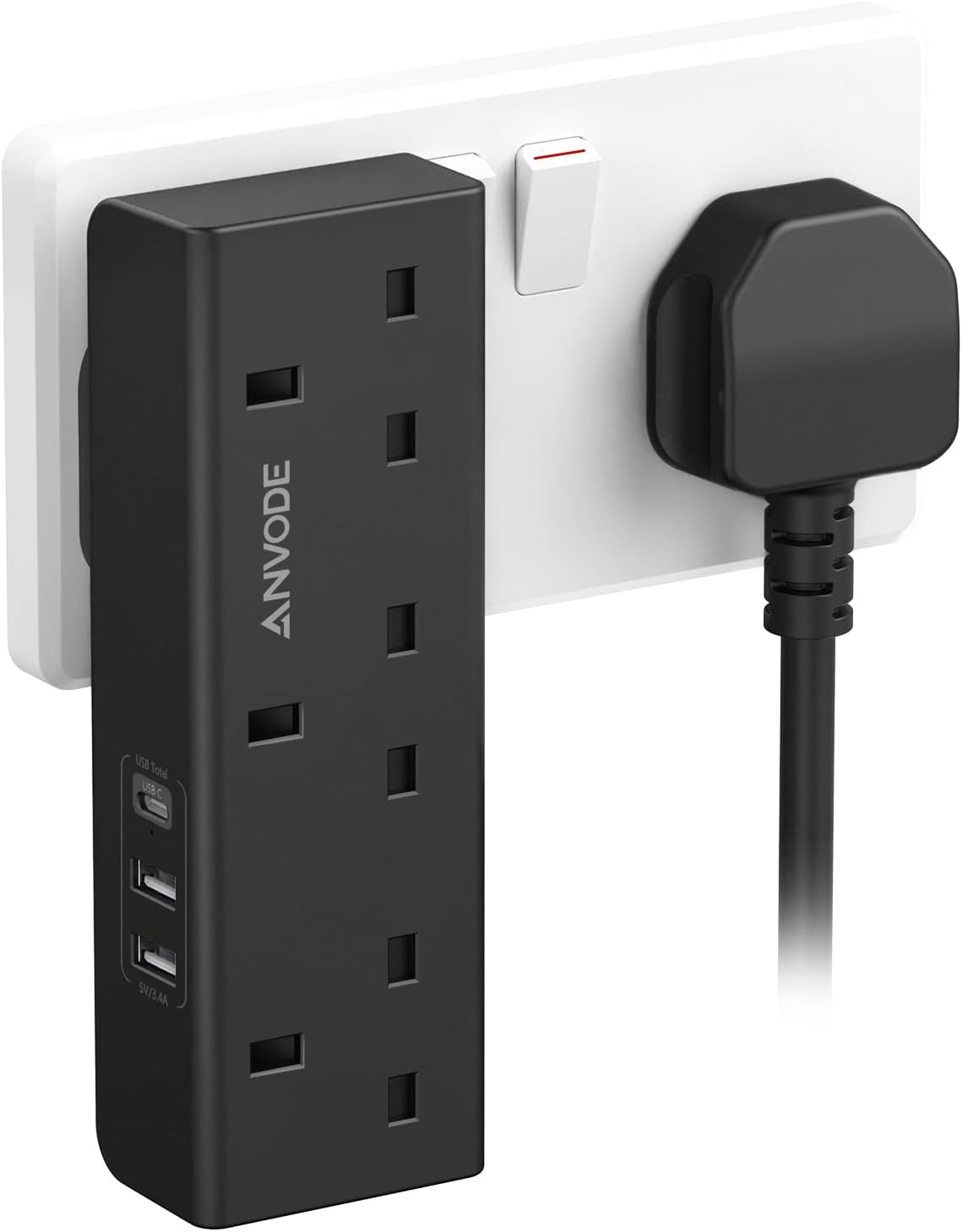 3 Way Plug Adapter with USB, Multi Plug Sockets Adaptor with 3 USB (1 Type C), 13A UK 3 Pin Wall Power Extender for Home, Office, Kitchen (Black)