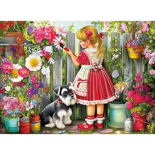500 Pieces Puzzle for Adults, Beautiful Girl Jigsaw Puzzle, Cute Dog Garden Flowers Puzzle for Kids Adults Seniors, Recycled Cardboard Puzzle with Letters on Back, Fun Family Game Birthday Party Gift
