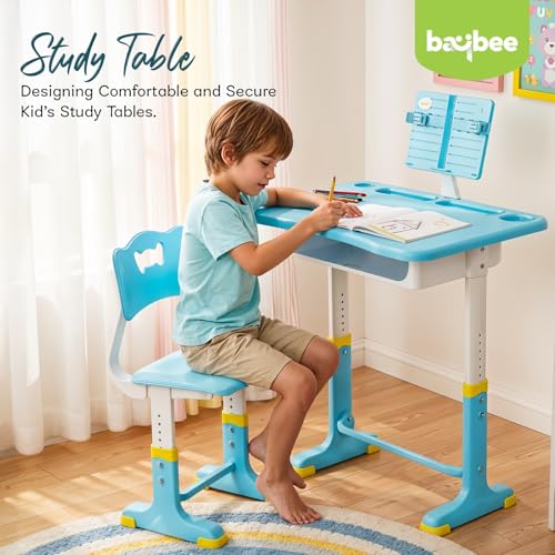 Image of BAYBEE Study Table with Chair for Kids 2+ Years Boys & Girls | 3 Level Height Adjustable Baby Desk Table Set | Ergonomic Kids Table Desk Chair with Book Storage, Tablet, Pen & Bottle Holder (Blue)