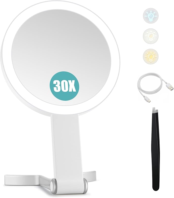 Espelho de maquiagem de viagem B Beauty Planet com luz, dupla face 30x/1x, recarregável, dobrável, branco