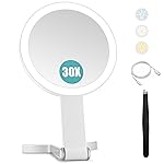 B Beauty Planet 30x/1x Magnifying Travel Mirror with Light, Double-Sided Rechargeable Adjustable Brightness 3 Colour Lighting, Folding, Handheld/Hangable/Tabletop, 3 Ways Using Mirror, White