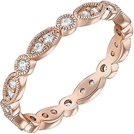 PAVOI 14K Rose Gold Plated Rings Cubic Zirconia Band | Round Milgrain Eternity Bands | Rose Gold Rings for Women Size 7