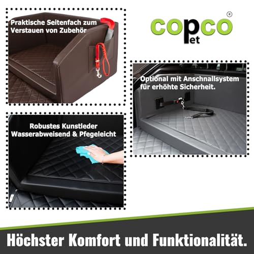 CopcoPet Hundebox Auto Kofferraumschutz Hund mit ladekantenschutz Kofferraum【Mit Tasche】 Kofferraum schutzmatte herausnehmbar - Hunde Autositz mit Anschnallsystem, hundetransportbox 90x55x38cm Braun