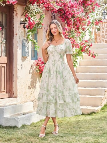 Image of Scarlet Darkness Women Floral Maxi Dress Puff Sleeve Tea Party Corset Dress | Pockets, Ruched Bust, Ruffled Hem, for Cottagecore Fairy Milkmaid Vacation