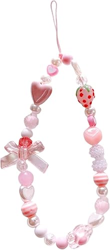 Miniatura 1 de 1-2 dijes para teléfono con cuentas de cereza y fresa, color rosa, rojo y blanco, correa estética para teléfono celular, cuentas de perlas, dijes de