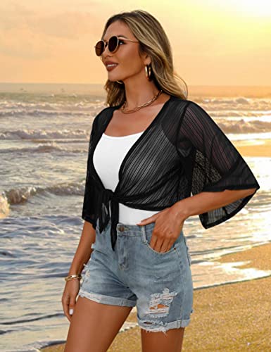 Image of iClosam Women Tie Front Chiffon Shrug Short Sleeve Cropped Sheer Bolero Shrug Cardigan