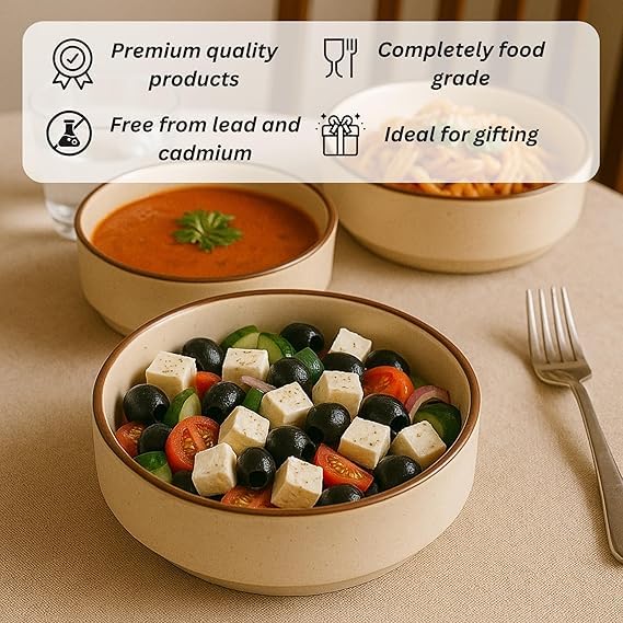 Image of Niyara Stoneware Handmade Ceramic Stylish Premium Serving Bowls /Salad Tray Microwave Dishwasher Safe (White with Black Border)