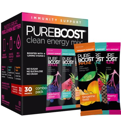 Pureboost Sugar-Free Immune Clean Energy Booster Combo Pack 30 Count Refreshing Energy Drink Mix and Immunity Supplement with Elderberry 1 200 mg Vitamin C Vitamins A + D and Zinc