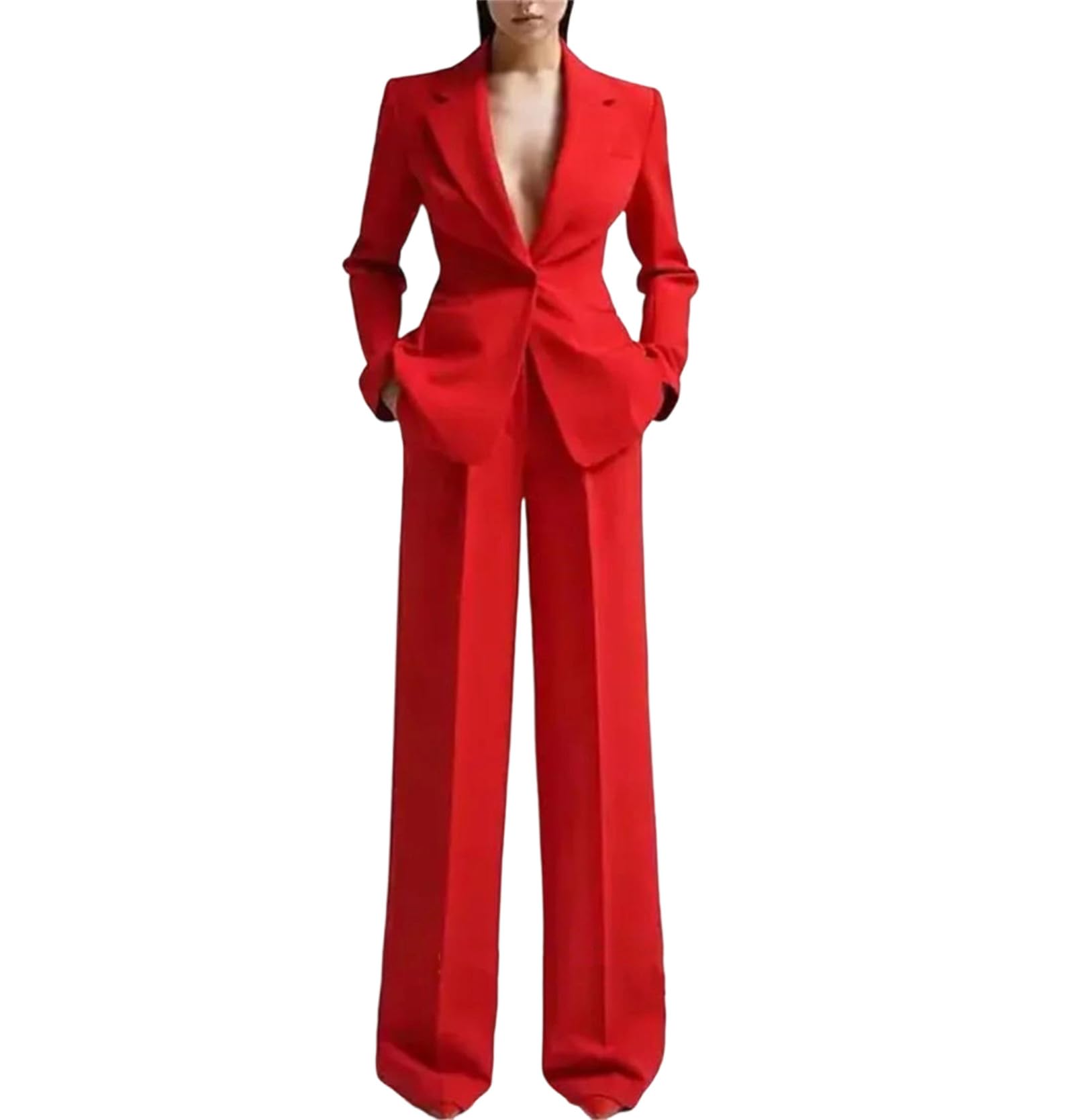 Womens Single Button Blazer Pantsuit V Neck Loose Fit Two Piece Set Casual Business Office Pants Suit