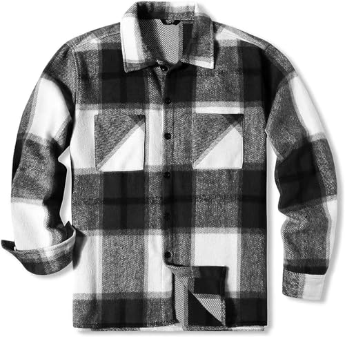 Wankang Men's Flannel Shirts Casual Button Down Plaid Shirt Jacket Lightweight Long Sleeve Fleece Shacket for Men Pockets4