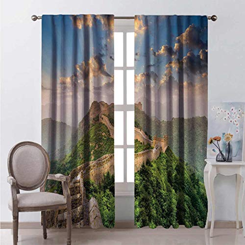 Great Wall of China - Cortina opaca (2 paneles, 63 x 72 cm), diseño de "Old Wonders The Past", color azul y verde