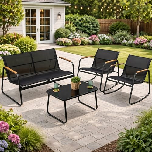 Kozyard 4-Piece Outdoor Patio Furniture Set with Textilene Chairs, Metal Conversation Set, Tempered Glass Coffee Table, Powder-Coated Steel Frame for Garden, Poolside, Backyard Black
