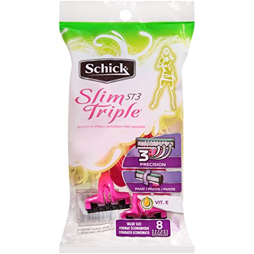 Schick Slim Triple ST 3 Disposable Razors for Women Sensitive Skin Shaving Razor with Aloe & Vitamin E, 8 Count