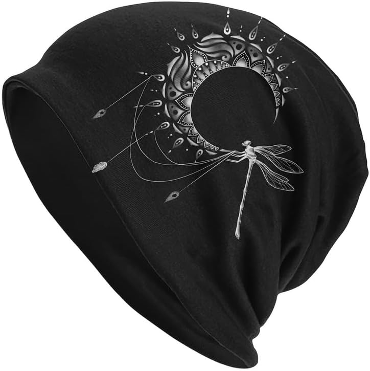 Premium Retro Boho Style Slouchy Beanie - Dragonfly Print Knitted Hat for Women & Men