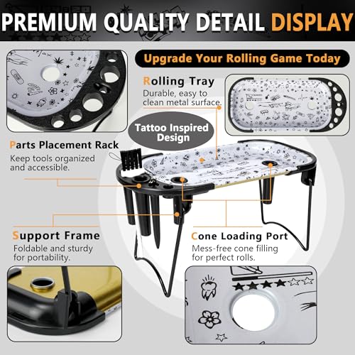 All-in-One Metal Rolling Tray Set with Cone Loader – Premium Foldable Tray, Pre Roll Machine, Ashtray, Candy Grinder & Storage – Fits King Size & 1 1/4 Papers - Image 4