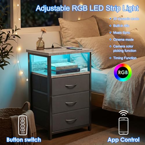 Image of Fixwal Night Stand with Charging Station, LED Nightstand with Fabric Drawers, End Table with PU Finish, Bed Side Table, French Oak