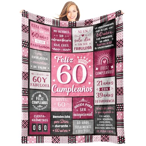 Giftasy Regalo 60 Años Mujer, 60 Cumpleaños Mujer- Manta Llena de Bendiciones, Regalos Originales para Mujeres 60 años Amigas, Hermanas, Madres, Abuelas (157x132 cm)