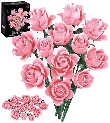 Image of Pink Roses Flower Bouquet Building Set, Artificial Flowers Botanical Collection Compatible with Lego Flowers for Adults Christmas Anniversary Valentines Day Gifts