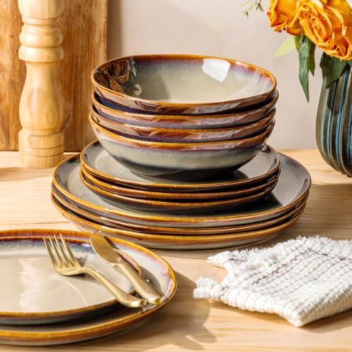 Image of Ceramic Dinnerware Set for 4, 12-Piece Plates and Bowls Set | Handmade Reactive Glaze Dish Set, Scratch Resistant, Oven & Microwave & Dishwasher Safe, Mocha Brown