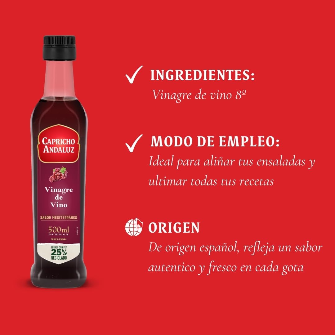 Capricho Andaluz - Vinagre de Vino 8º PET de 500 ml, El Sabor más Auténtico e Intenso para Aderezar y Marinar las Ensaladas