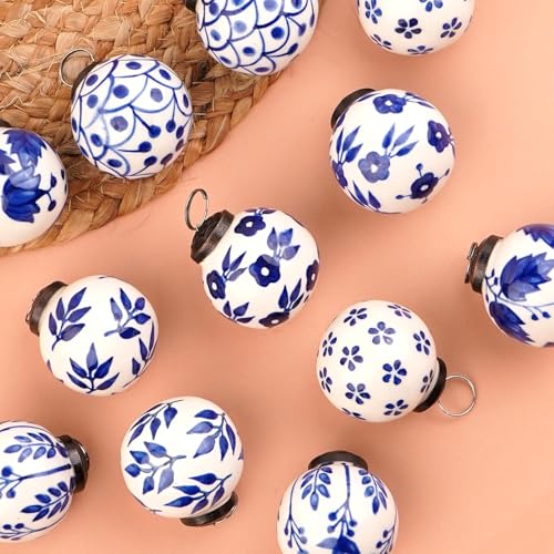 Image of IndianShelf 24 Large Blue and White Ceramic Christmas Ornaments Handpainted Vintage Unique Tree Balls for Christmas Tree Decoration with Ribbon