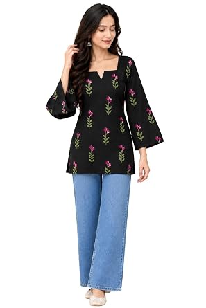 Buy Women's Black Cotton Floral Print Short Kurti with Square V- Cut Neck (in, Alpha, S) at Amazon.in