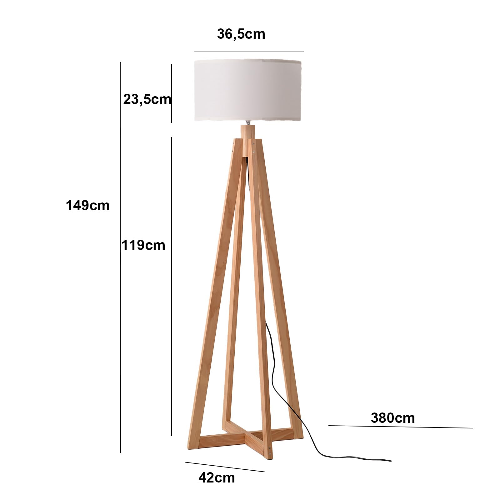 Alpinaluz Lámpara de Pie de Madera Natural con Pantalla Textil Blanca Ø43 cm, Casquillo E27, 149 cm, Estilo Nórdico y Escandinavo para Salón, Dormitorio, Comedor u Oficina