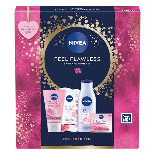 NIVEA Feel Flawless Gift Set (4 Products), Women's Gift Set with Skincare Essentials, Includes Body Lotion, Face Mask, Face Wash, and Day Cream