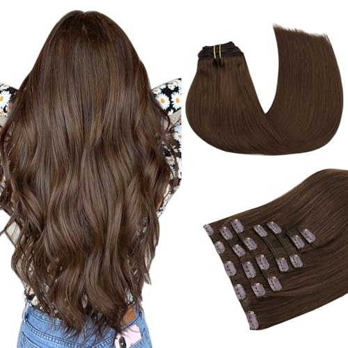 MAXITA Clip in Hair Extensions Real Human Hair, 7 pcs Chocolate Brown 16 Inch 120g, Clip ins Remy Hair Natural Straight Hair for Woman