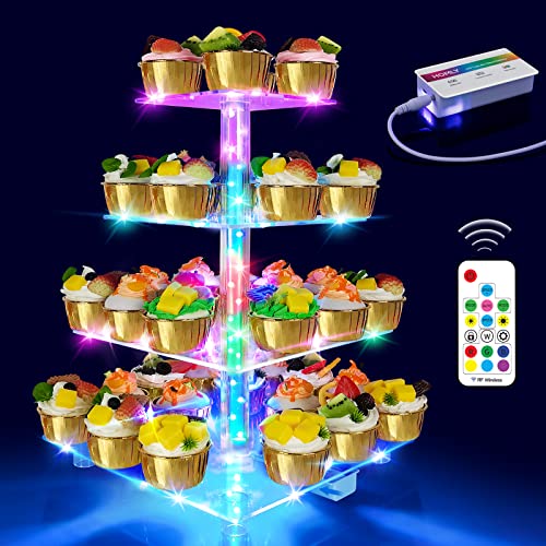 Homly Rechargeable Multi-Color Led Light Cupcake Stand With Remote, Acrylic Cupcake Tower Display With 358 Auto Color Modes, Usb-C Charging Port 2600Mah Battery For Party Decor Dessert Cupcake Holder #TOP14