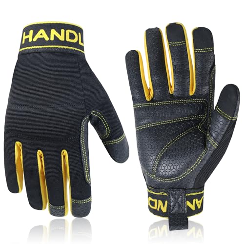 HANDLANDY Work Gloves for Men & Women, Utility Mechanic Working Gloves Touch Screen, Flexible Yard Work Gloves Black-yellow X-Large (Pack of 1)