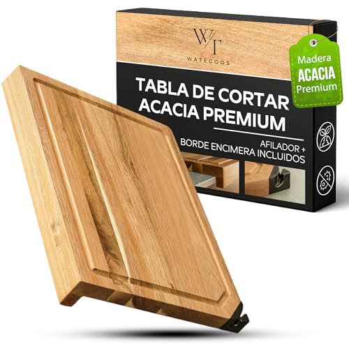 WATEGOOS Tabla de Cortar Cocina de Madera Acacia con Afilador Integrado – Ranura para Jugos y Borde para Encimera – Resistente, Ecológica y con Superficie Antideslizante.
