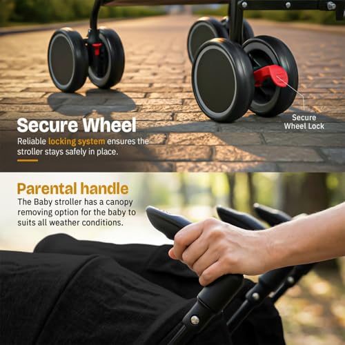 Image of Baybee 2-in-1 Twin Baby Stroller for 0-3 Years | Lightweight Foldable Pram for 0 to 5 Years | Adjustable Canopy, Safety Guardrail, Wheel Lock & Parental Handle | Baby Stroller for Boys & Girls (Black)