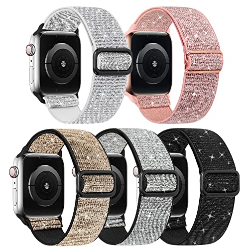 Adjustable Elastics Strap Compatible with Apple Watch 38mm 40mm 41mm 42mm 44mm 45mm, Sport Solo Loop Stretch Nylon Replacement Wristband for iWatch Series 9 8 7 6 5 4 3 SE(42/44/45mm, 5 Pack E)