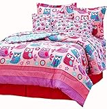 Nature HOOT OWLS & Flowers Girls Pink Teal Twin Size Comforter & Sheets Bed Set