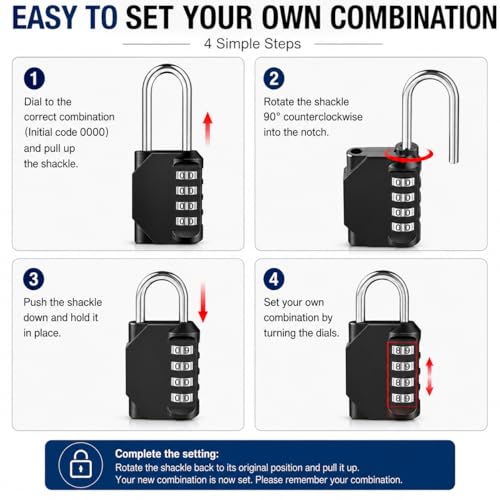 Image of 4 Digit Long Shackle Combination Padlock, Heavy Duty Resettable Lock, Waterproof Zinc Alloy Body, Hardened Steel Shackle, Secure for Gates, Lockers, Storage Units, Sheds, Toolboxes & Luggage