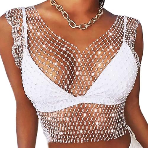 Sixexey Rhinestone Mesh Tank Tops White Hollow Cover Up Crop Tops Bikini Concert Party Nightclub Body Accessories for Women
