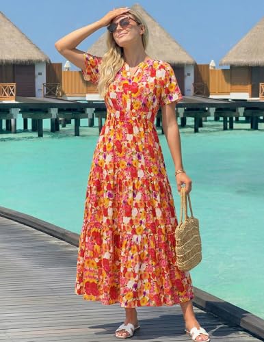Image of ZESICA Women's 2026 Summer Spring Floral Boho Maxi Dresses Casual Short Sleeve V Neck A Line Flowy Beach Vacation Dress