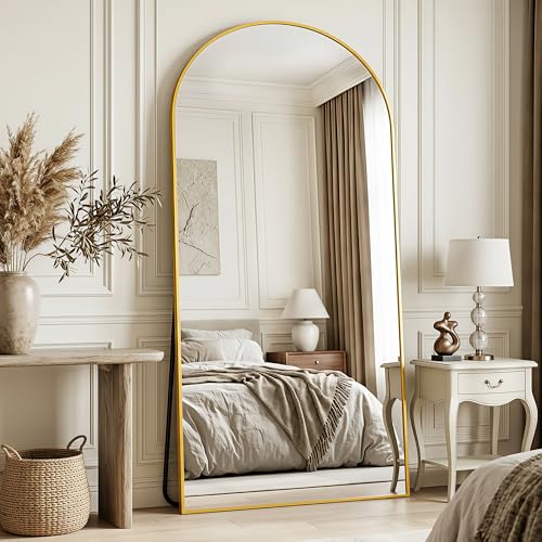 Image of Full Length Mirror, 76 inchx34 inch Arched Floor Mirror Freestanding, Floor Standing Full Body Mirror with Stand for Bedroom, Hanging Mounted for Living Room Cloakroom, Gold