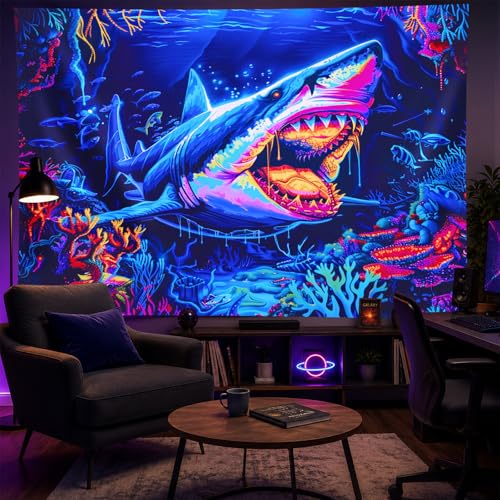 Image of BlissYard Shark Ocean Blacklight Tapestry Glow In The Dark UV Reactive Wall Hanging With Neon Coral Psychedelic Horror Poster Black Light Tapestries For Bedroom Party Decor 78x59 Inch